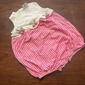 Vintage Hartstrings Pink Gingham Romper with Embroidered Cherries 24 months